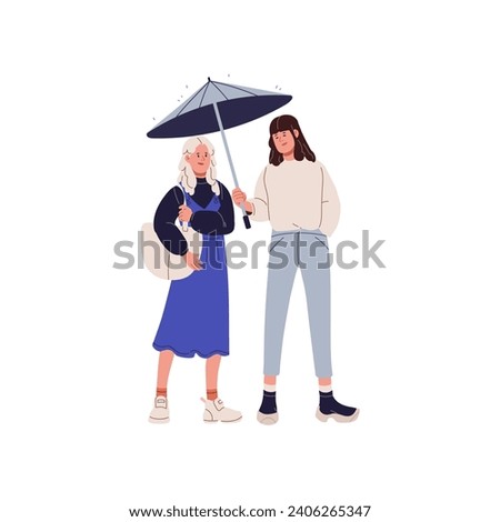 People walking in rainy weather. Happy friends hiding under umbrella from rain. Girl offers help, holding parasol. Teens standing under brolly. Flat isolated vector illustration on white background