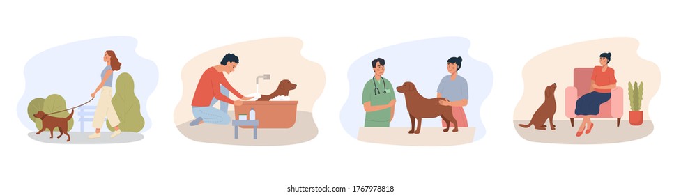 People Walking, Relaxing with Pets Set. Veterinarian vaccinating Dog in Vet Clinic. Woman and Man Characters Taking Care of Animals. Dog and Cat Pet Sitters Concept. Flat Cartoon Vector Illustration.
