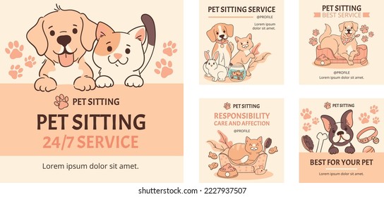 People Walking, Relaxing with Pets Set. Veterinarian vaccinating Dog in Vet Clinic. Woman and Man Characters Taking Care of Animals. Dog and Cat Pet Sitters Concept. Flat Cartoon Vector Illustration.