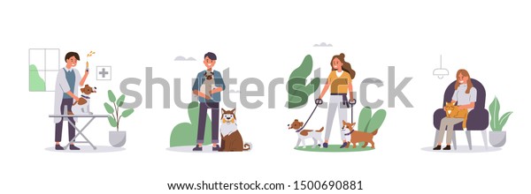 People Walking, Relaxing with Pets Set.\
Veterinarian vaccinating Dog in Vet Clinic. Woman and Man\
Characters Taking Care of Animals. Dog and Cat Pet Sitters Concept.\
Flat Cartoon Vector\
Illustration.