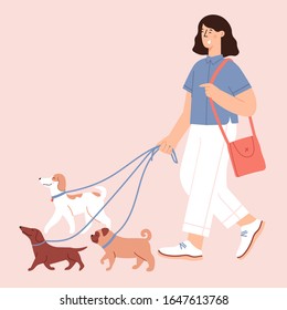 People Walking and relaxing with their pets. Flat Cartoon Vector Illustration about Human and dogs friendship 