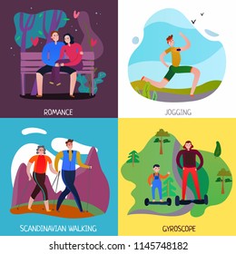 People walking and resting outdoors 2x2 flat design concept isolated vector illustration