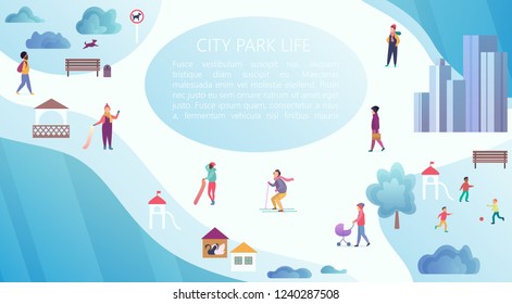 People walking, resting and playing in the winter park. Cartoon top view map vector illustration.