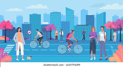 People walking and riding bicycles on the modern city street. Cityscape, buildings, park, road cycle lane and no car sign vector illustration