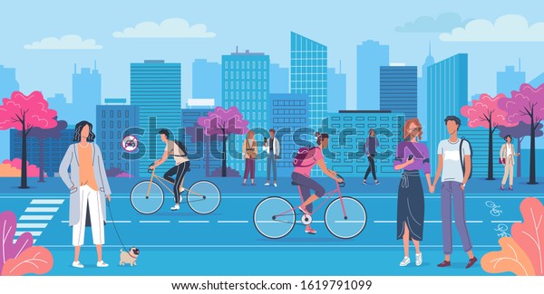 People walking and riding bicycles on the\
modern city street. Cityscape, buildings, park, road cycle lane and\
no car sign vector\
illustration