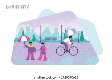 People walking and riding bike with umbrellas under rain flat vector illustration
