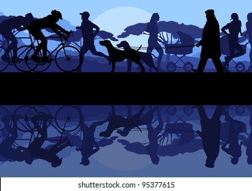 People Walking, Running And Cycling In Nature Park Landscape Background Illustration Vector