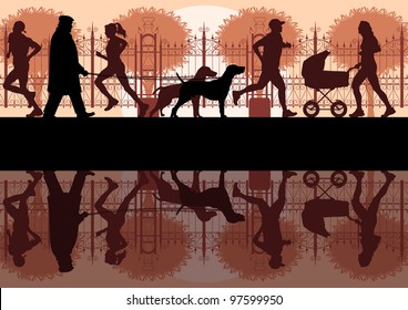 People walking, running and cycling in old vintage city park landscape background illustration vector