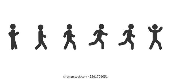 People walking and running icons, flat icons in side view different postures. Standing, walking, running, Various action poses have been set in vector Illustrations on transparent background.