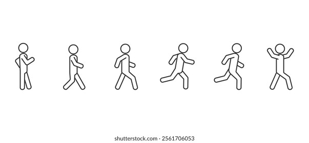 People walking and running icons, line icons in side view different postures. Standing, walking, running, Various action poses have been set in vector Illustrations on transparent background. Editable