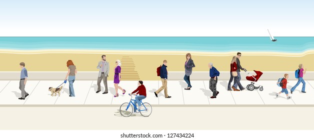 People walking to the sea background