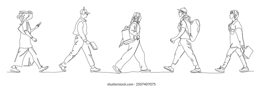 People walking set. Using phone, wear headset, backpacks. Side view. Continuous line drawing.  Black and white vector illustration in line art style.