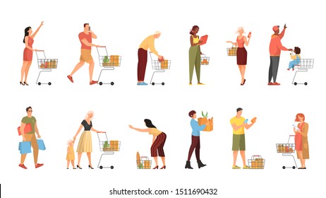 People walking with shopping cart in supermarket set. Character with basket in the store. Isolated flat vector illustration