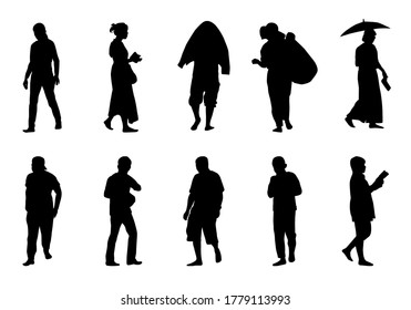 People walking silhouette vector, Women use smartphones and hold an umbrella, Man wearing a hat on white background