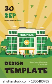 People Walking And Sitting At Hospital Building. City Clinic Glass Exterior. Flat Vector Illustration For Medical Help, Emergency, Architecture, Healthcare Concept