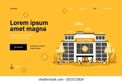 People Walking And Sitting At Hospital Building. City Clinic Glass Exterior. Flat Vector Illustration For Medical Help, Emergency, Architecture, Healthcare Concept