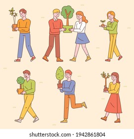 People are walking with small tree pots. flat design style minimal vector illustration.