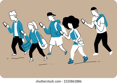 People walking and with smartphone in flat style vector.Adult walk with isolated white background.People staring at smartphone walking.People activity concept