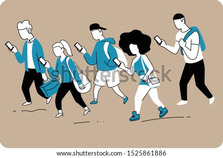 People walking and with smartphone in flat style vector.Adult walk with isolated white background.People staring at smartphone walking.People activity concept