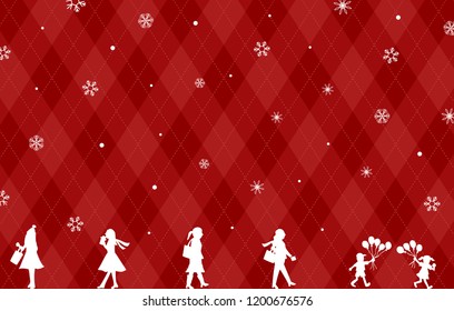 people walking in the snow with argyle background