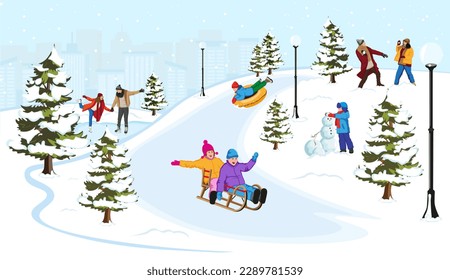 People walking in snowy town park in winter holidays. Skaters couple on frozen lake ice. Man and woman playing snowballs. Kids sliding on sled and tubing. Little boy made snowman. Vector illustration