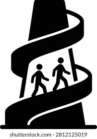 People walking up a spiral staircase path inside modern structure