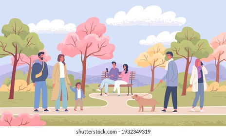 People walking in the spring park vector illustration