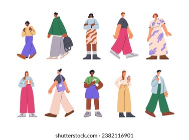 Gente caminando, de pie. Diferentes personajes en diversos negocios, sosteniendo teléfonos móviles, bolsas. Diversos hombres, mujeres, niños. Ilustraciones gráficas planas vectoriales aisladas en fondo blanco