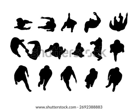 people walking and standing top view in city silhouette set for architectural men, women and businessman. black shadow plan. illustration isolated on white background.	