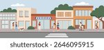 People walking at storefront. People in front cafe store. Cafeteria and food court area. City building. Cartoon building. 