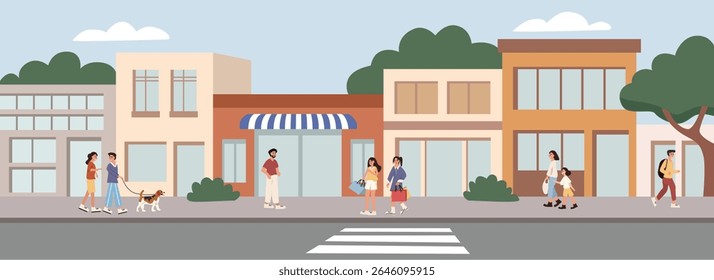 People walking at storefront. People in front cafe store. Cafeteria and food court area. City building. Cartoon building. 