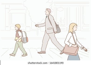 people walking in the street. Hand drawn style vector design illustrations.