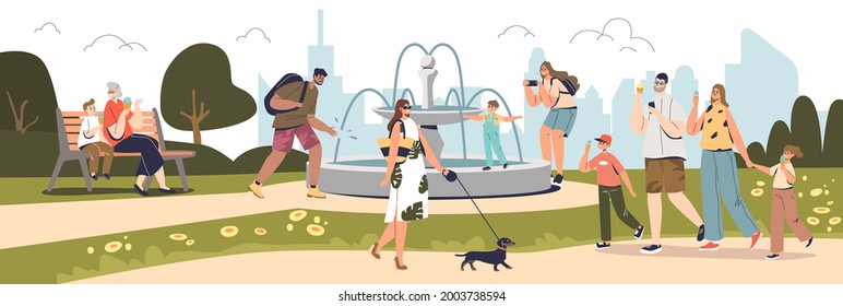 People walking in summer park with fountain over city buildings skyline. Happy kids and adults, families spend time outdoors eating ice cream together. Cartoon flat vector illustration