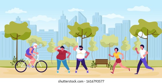 People walking in summer Park horizontal banner. City Building Panorama. Active Leisure Healthy Lifestyle Outdoors - riding a bicycle, Jogging, sports exercise. Flat Art Vector Illustration