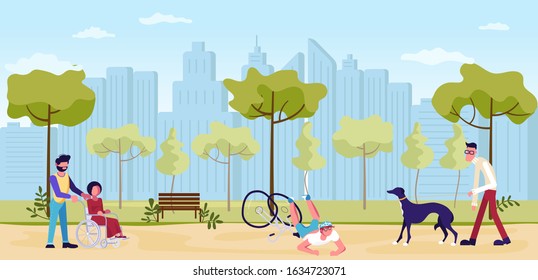 People walking in summer Park horizontal banner. City Building Panorama. Active Leisure Healthy Lifestyle Outdoors - riding a bicycle, walkingdogs. Flat Art Vector Illustration