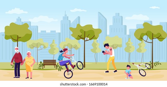 Menschen, die im Sommer Park horizontale Banner. Stadthaus Panorama. Aktiver und gesunder Lebensstil im Freien für Senioren, Jugendliche und Kinder. Illustration zur Vektorillustration von Flachkunst