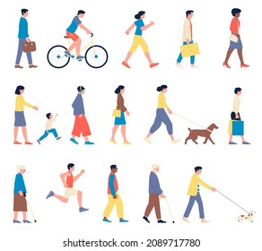 People walking. Summer person, isolated women men walk. Tourist and sportsman, businessperson and female with shopping bag, recent vector set