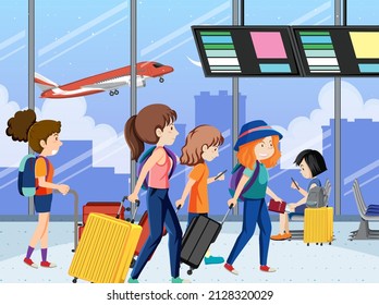 People walking in terminal airport scene illustration