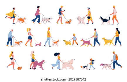 People walking with their big and small dogs of different breeds flat set isolated vector illustration