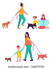 People walking their dogs on leashes and having fun together, picture represented on vector illustration isolated on white background