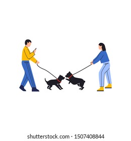People walking their dogs. Dogs are playing outside. Woman trying to hold her hound and man staring at the phone unable to see it. Flat vector illustration