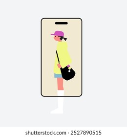People walking through big smartphone, Vector illustration.