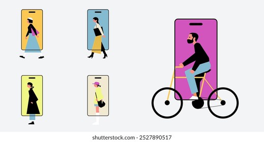 People walking through big smartphone, Vector illustration.