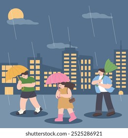 people walking through the city in heavy rain