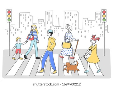 People walking through crosswalk to another side flat vector illustration. Pedestrians at road with cityscape at background. Human evolution theory lifestyle, traffic and city concept