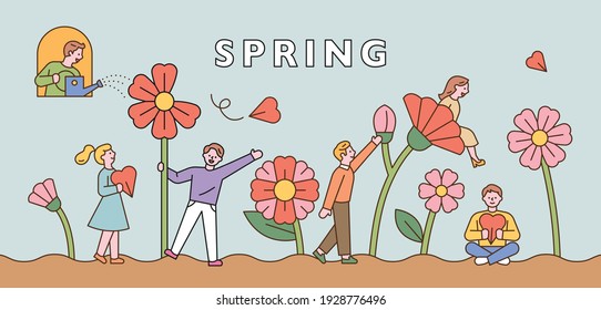 People walking through a large flower garden. Horizontal banner template. flat design style minimal vector illustration.