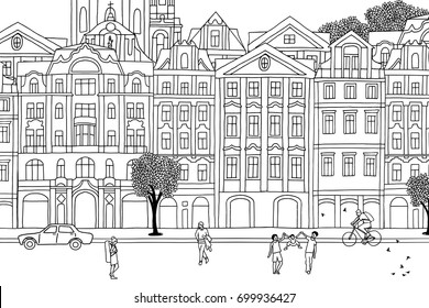 People walking through Prague- Hand drawn urban black and white scene