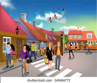 people walking through town on a sunny day