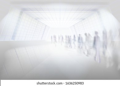 People walking through the underground passage. A long tunnel. Shopping gallery corridor. A large hall. Vector illustration.