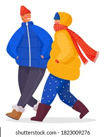 People walking together in winter cold weather. Couple of friends talking. Woman and man dressed in warm clothes like overcoat, hat and scarf. Vector illustration of seasonal clothing in flat style